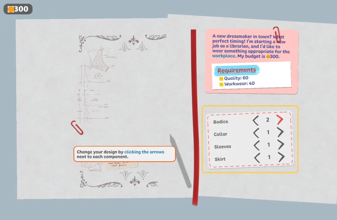 Dressmaker browser design notebook with arrows for bodice, collar, sleeves and skirt, alongside Rose’s request