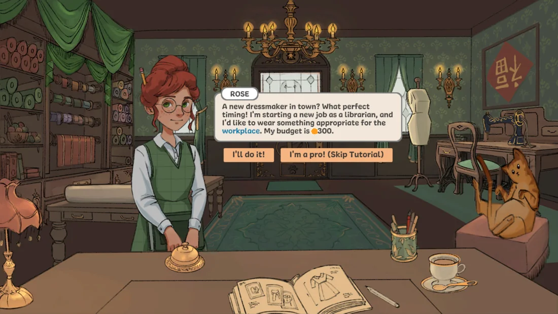 The browser game’s opening client Rose asking for workwear at the atelier counter