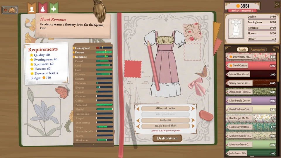 Official Dressmaker desktop design book with a pink dress, client brief and fabric selection